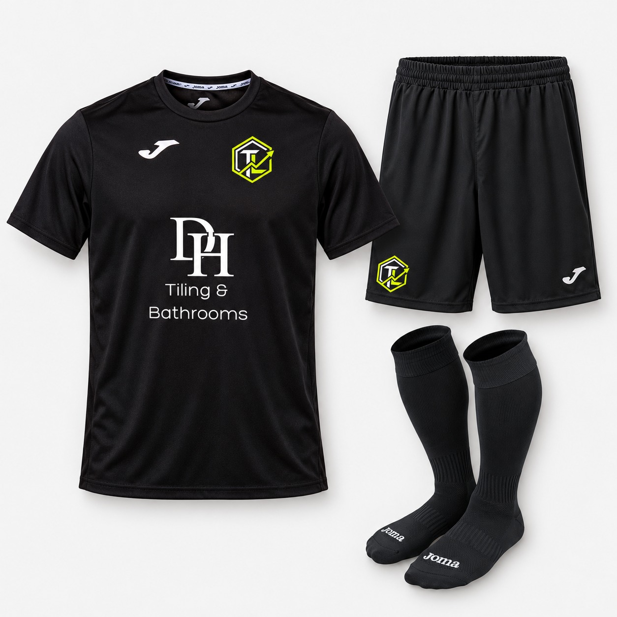 Black Joma training shirt with The Lab crest and DH Tiling & Bathrooms sponsor, matching shorts and black football socks.